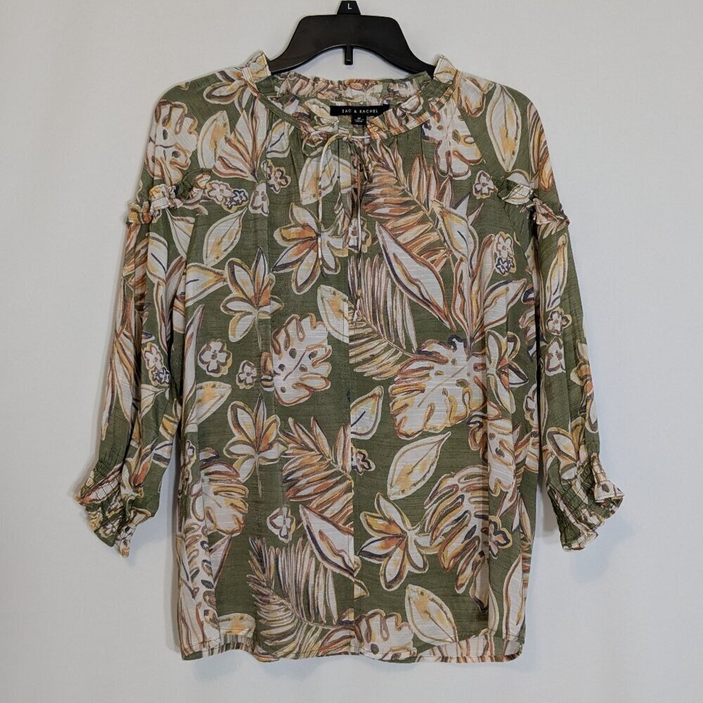 ZAC & RACHEL Olive Floral Tropical Boho Peasant Ruffle Neck Pullover Top; Size M